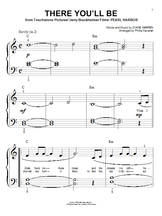 Faith Hill There You'll Be (arr. Phillip Keveren) sheet music notes and chords arranged for Big Note Piano