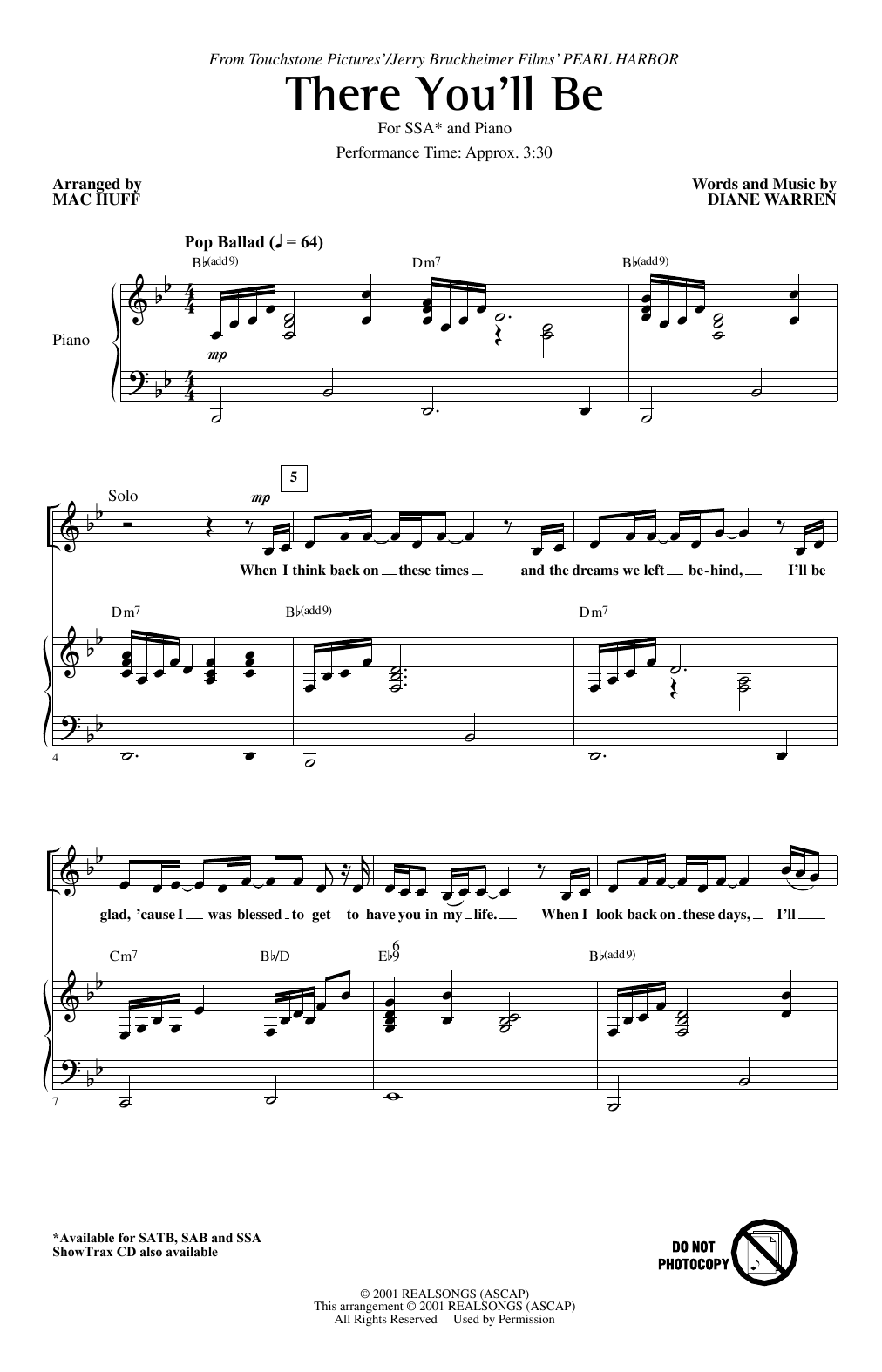 Faith Hill There You'll Be (from Pearl Harbor) (arr. Mac Huff) sheet music notes and chords arranged for SSA Choir