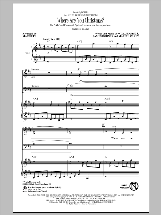 Faith Hill Where Are You Christmas? (arr. Mac Huff)  (from How The Grinch Stole Christmas) sheet music notes and chords arranged for SAB Choir