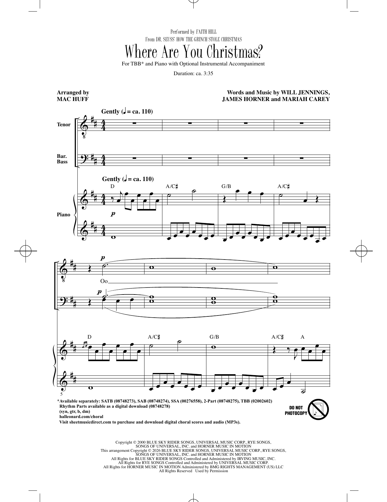 Faith Hill Where Are You Christmas? (from Dr. Seuss' How The Grinch Stole Christmas) (arr. Mac Huff) sheet music notes and chords arranged for TBB Choir