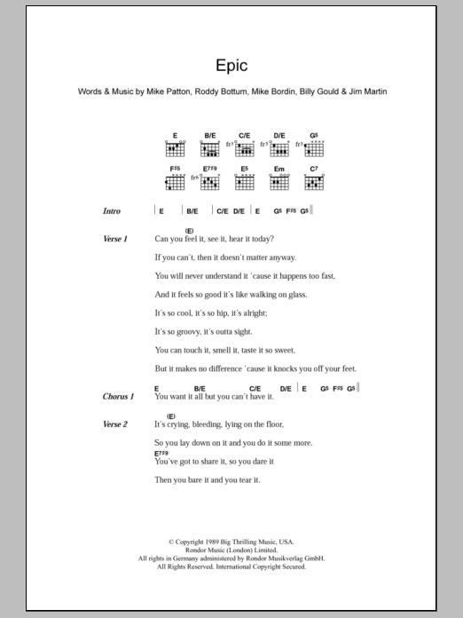 Faith No More Epic sheet music notes and chords arranged for Easy Guitar Tab