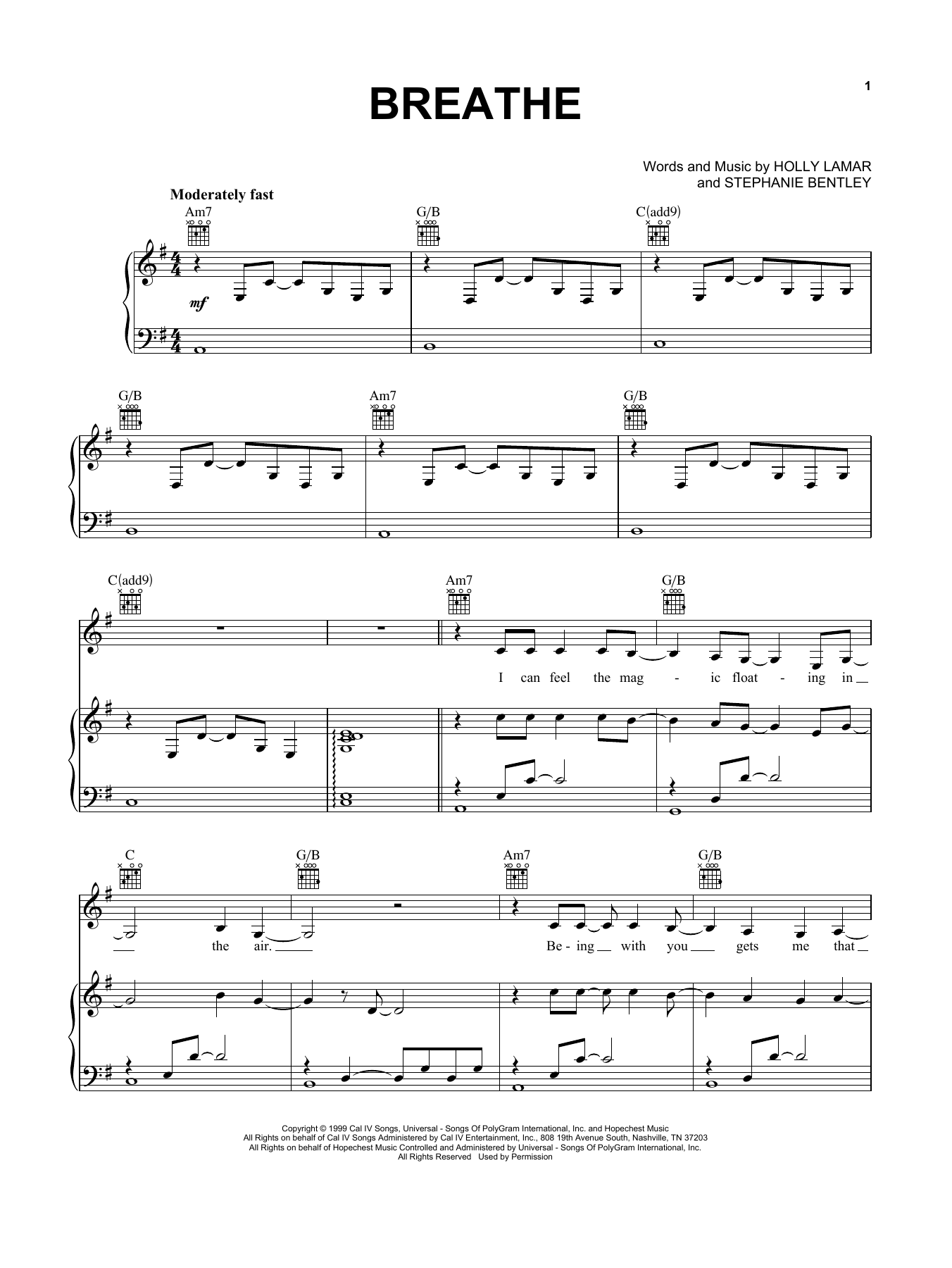 Faith Hill Breathe sheet music notes and chords arranged for Real Book – Melody, Lyrics & Chords