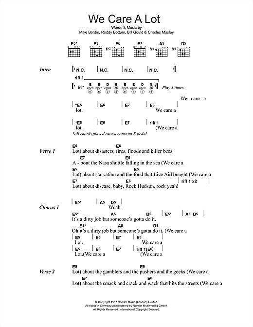 Faith No More We Care A Lot sheet music notes and chords arranged for Guitar Chords/Lyrics