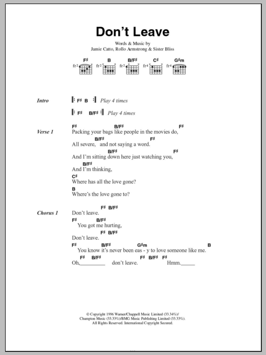 Faithless Don't Leave sheet music notes and chords arranged for Piano, Vocal & Guitar Chords