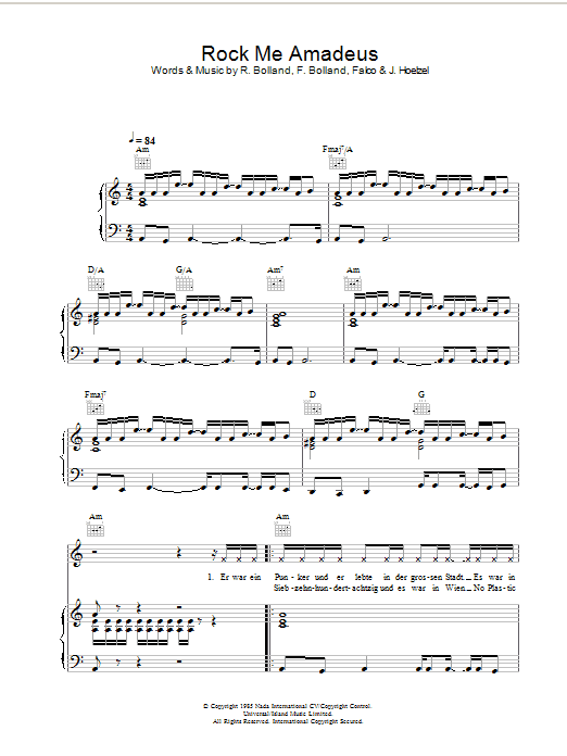 Falco Rock Me Amadeus sheet music notes and chords arranged for Piano, Vocal & Guitar Chords
