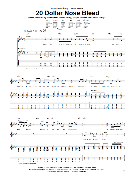 Fall Out Boy 20 Dollar Nose Bleed sheet music notes and chords arranged for Guitar Tab