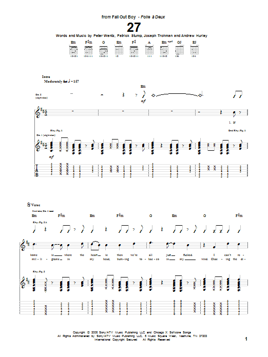 Fall Out Boy 27 sheet music notes and chords arranged for Guitar Tab