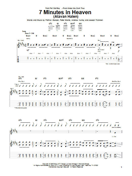 Fall Out Boy 7 Minutes In Heaven (Atavan Halen) sheet music notes and chords arranged for Guitar Tab