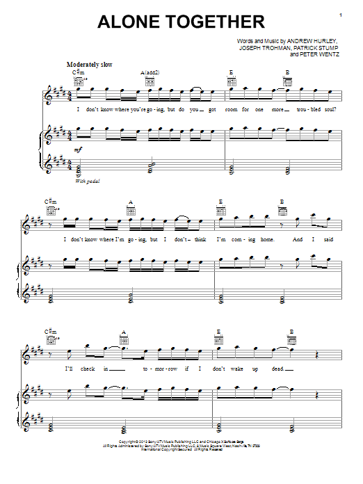Fall Out Boy Alone Together sheet music notes and chords arranged for Piano, Vocal & Guitar Chords (Right-Hand Melody)