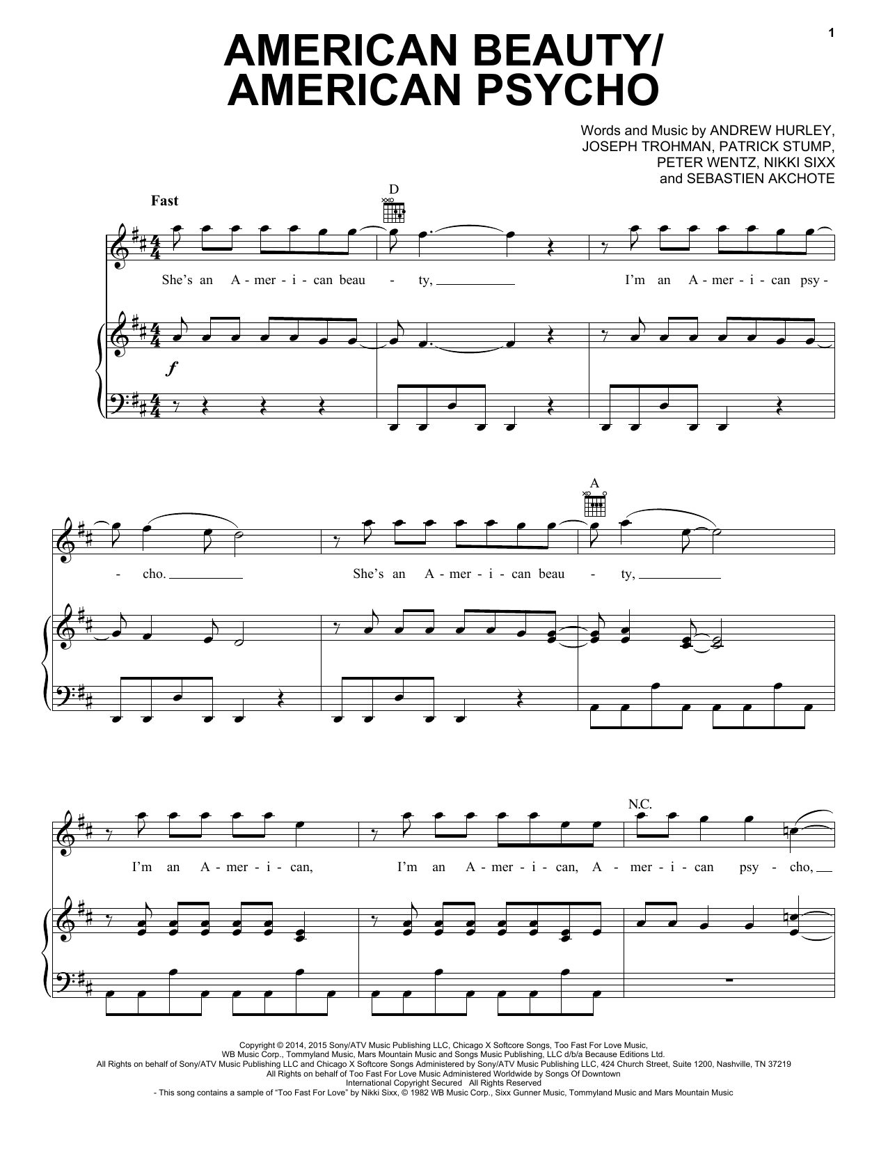 Fall Out Boy American Beauty/American Psycho sheet music notes and chords arranged for Piano, Vocal & Guitar Chords (Right-Hand Melody)