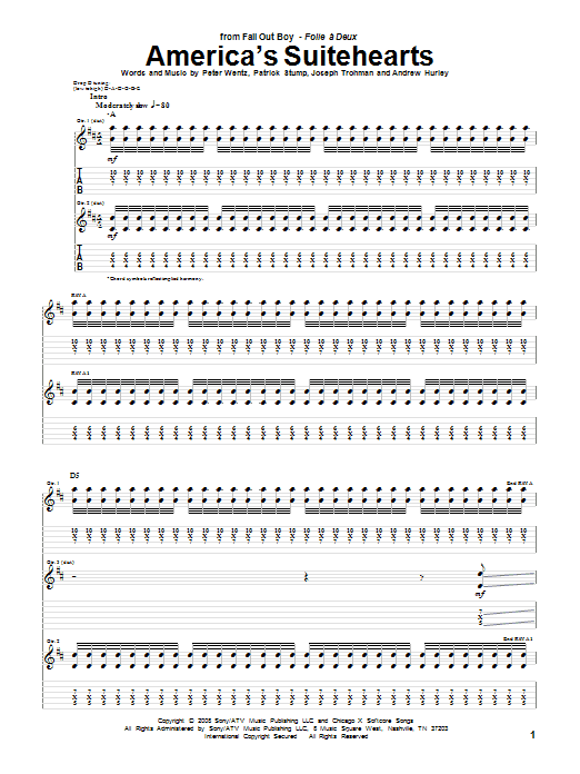 Fall Out Boy America's Suitehearts sheet music notes and chords arranged for Guitar Tab