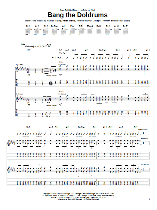Fall Out Boy Bang The Doldrums sheet music notes and chords arranged for Guitar Tab