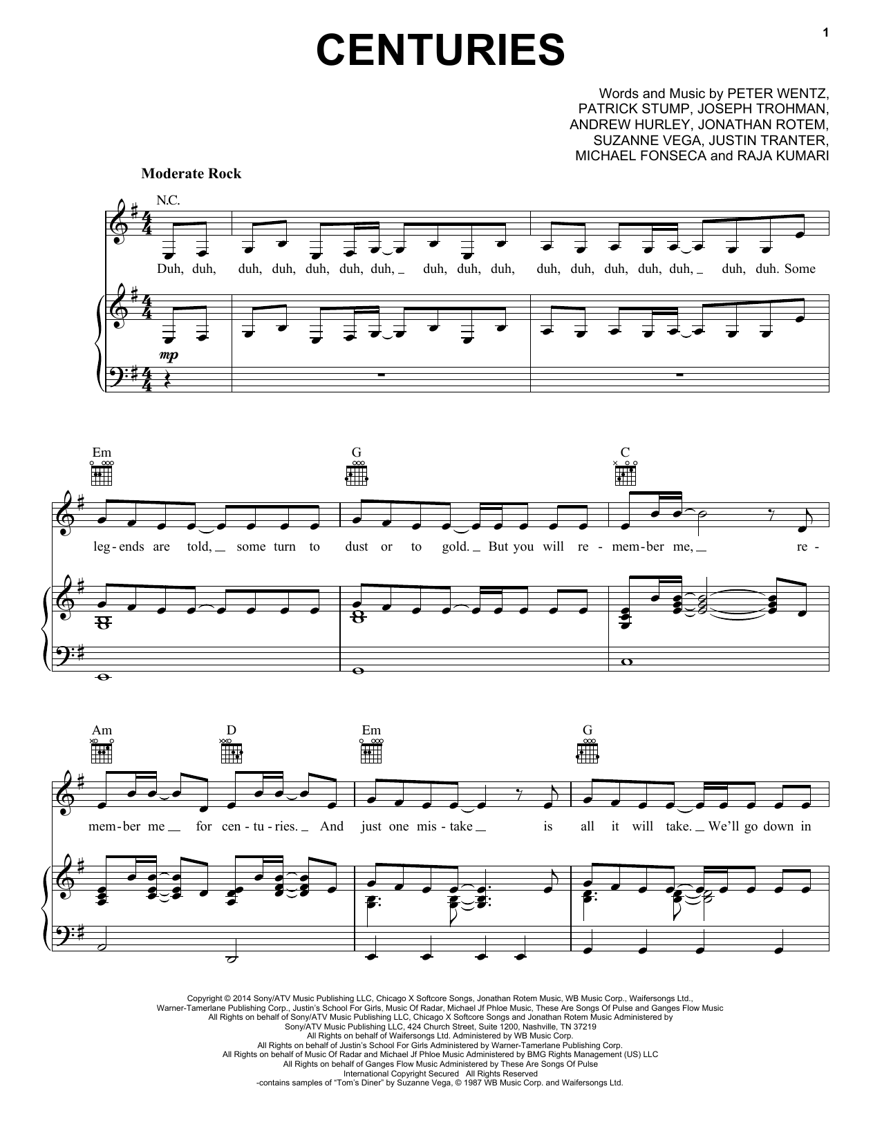 Fall Out Boy Centuries sheet music notes and chords arranged for Ukulele