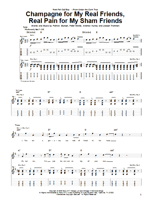Fall Out Boy Champagne For My Real Friends, Real Pain For My Sham Friends sheet music notes and chords arranged for Guitar Tab