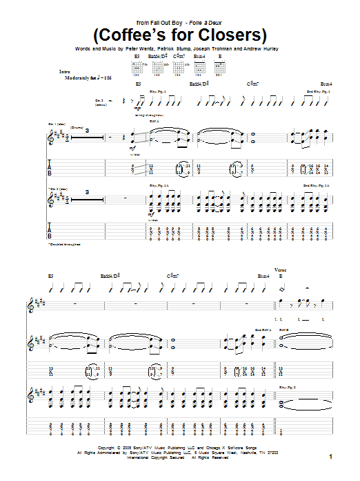 Fall Out Boy (Coffee's For Closers) sheet music notes and chords arranged for Guitar Tab