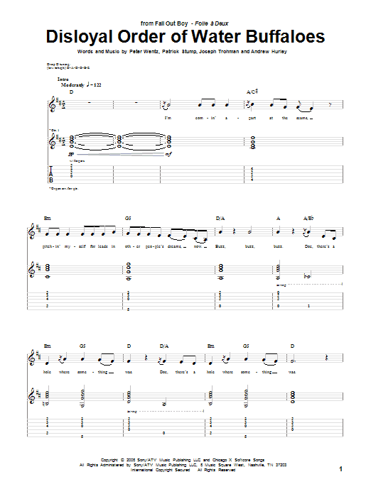 Fall Out Boy Disloyal Order Of Water Buffaloes sheet music notes and chords arranged for Guitar Tab