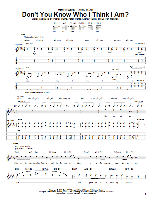 Fall Out Boy Don't You Know Who I Think I Am? sheet music notes and chords arranged for Guitar Tab