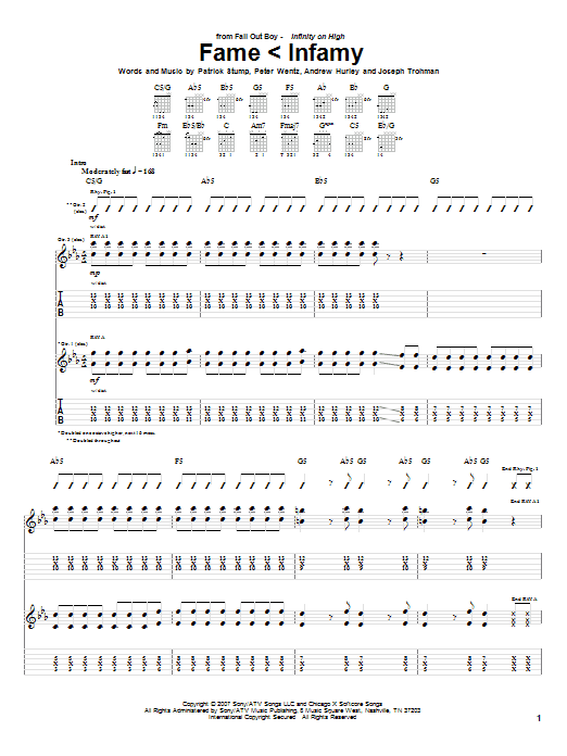 Fall Out Boy Fame < Infamy sheet music notes and chords arranged for Guitar Tab
