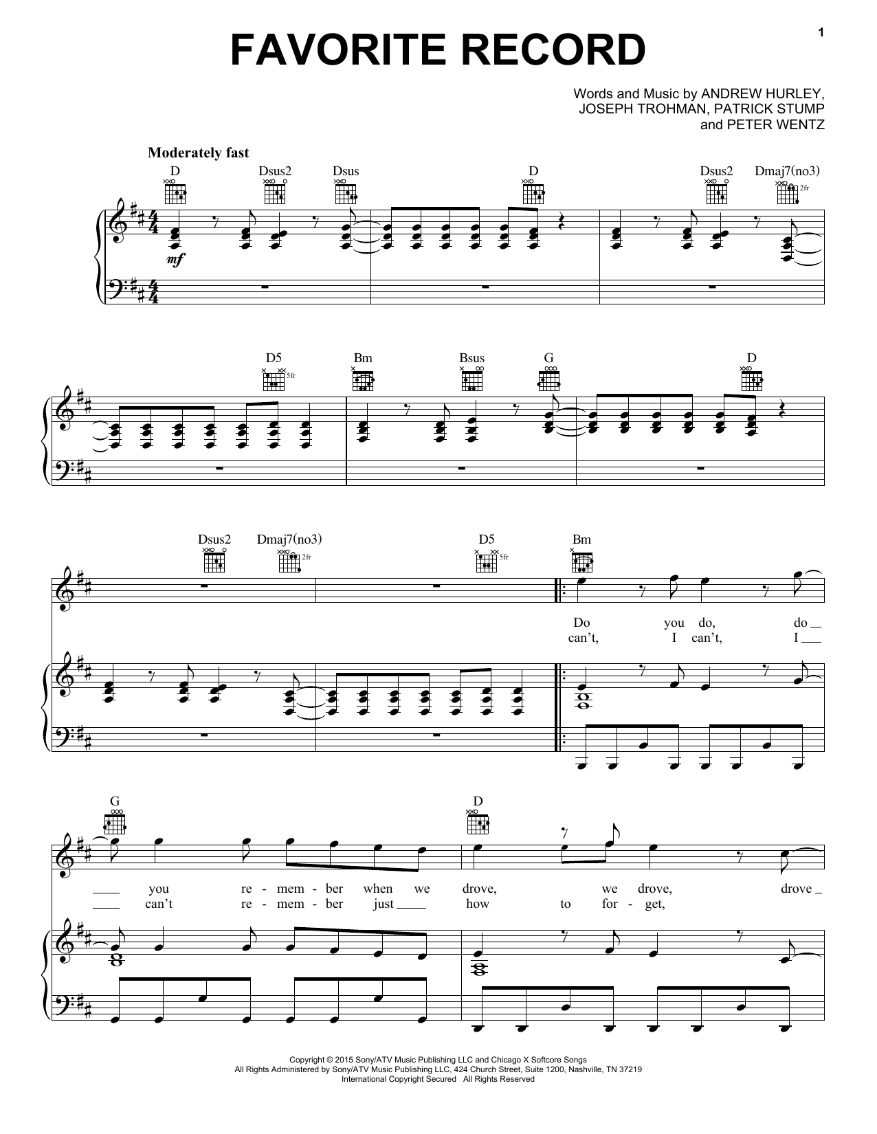 Fall Out Boy Favorite Record sheet music notes and chords arranged for Piano, Vocal & Guitar Chords (Right-Hand Melody)