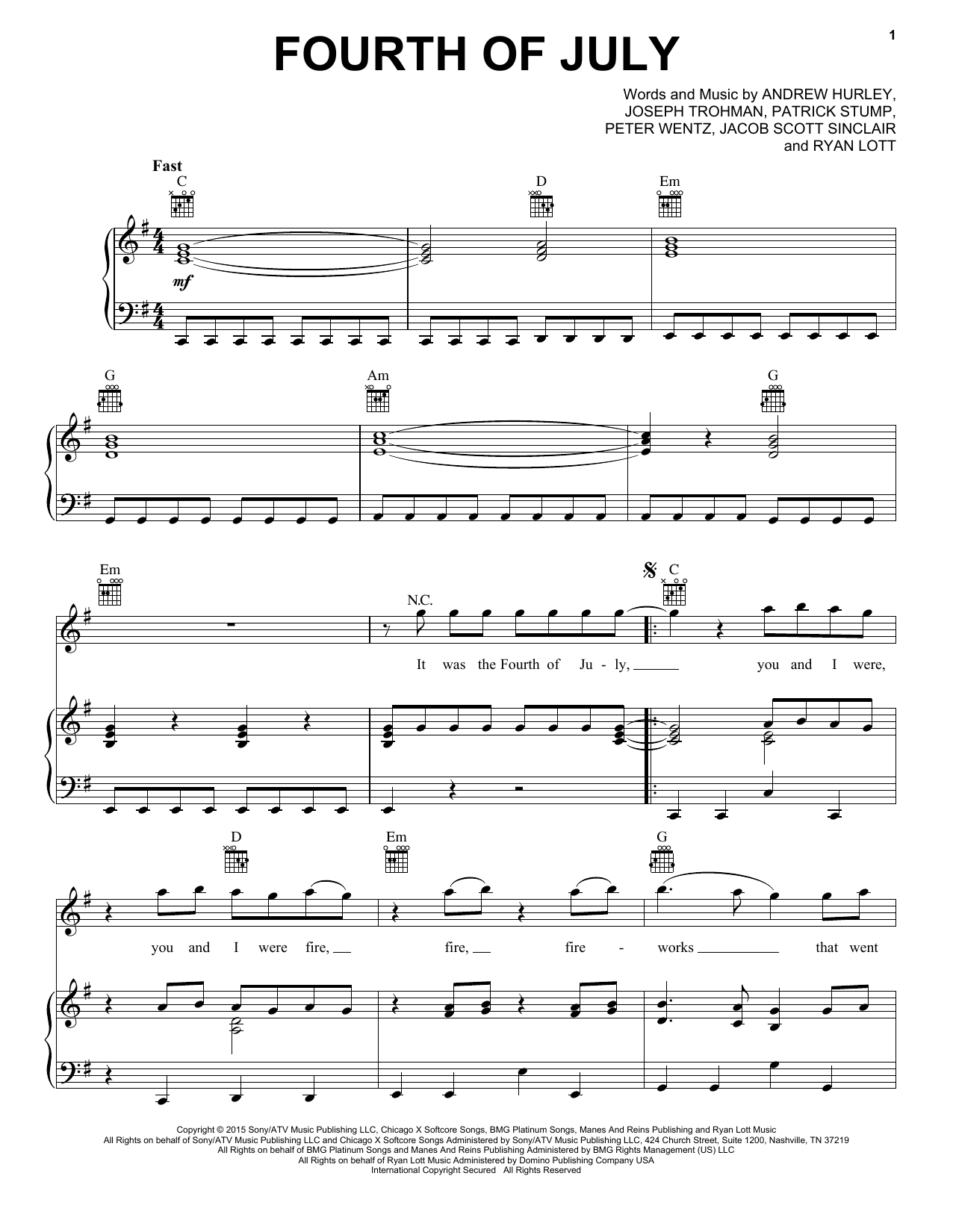 Fall Out Boy Fourth Of July sheet music notes and chords arranged for Piano, Vocal & Guitar Chords (Right-Hand Melody)