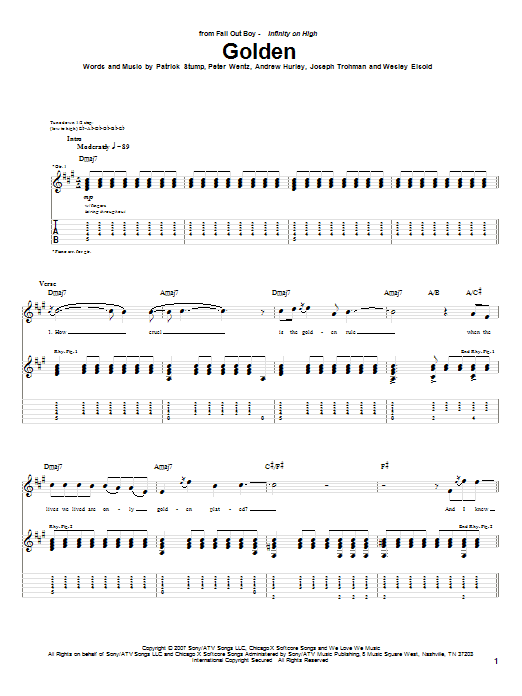 Fall Out Boy Golden sheet music notes and chords arranged for Guitar Tab