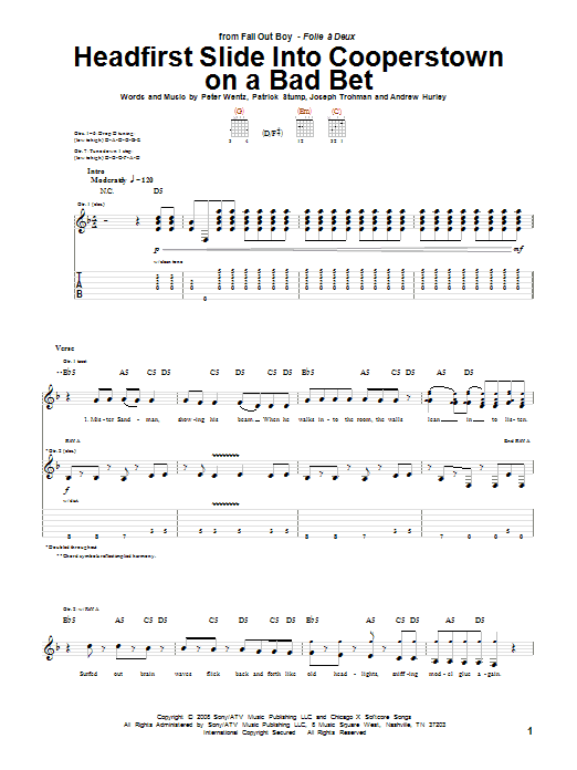 Fall Out Boy Headfirst Slide Into Cooperstown On A Bad Bet sheet music notes and chords arranged for Guitar Tab