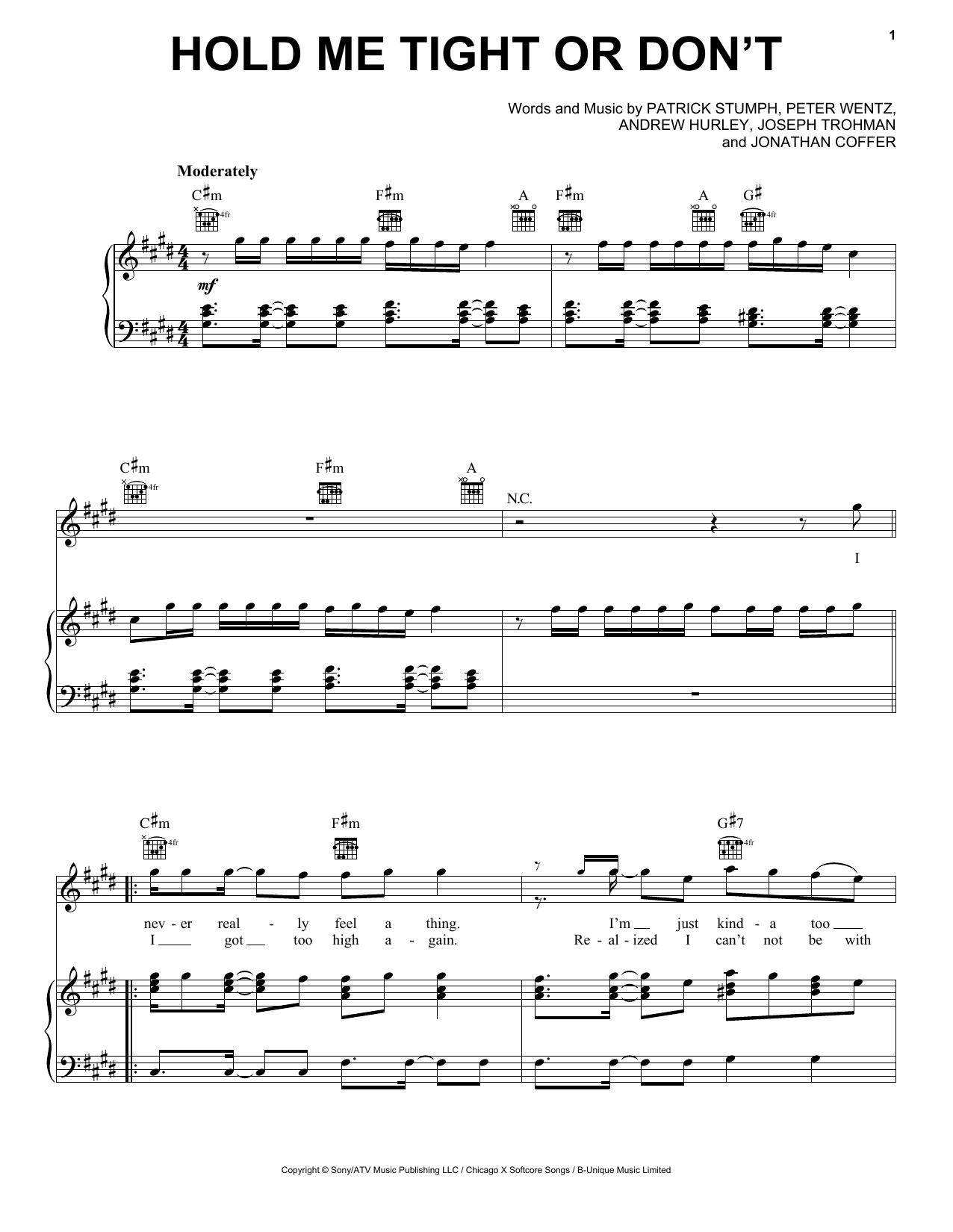 Fall Out Boy Hold Me Tight Or Don't sheet music notes and chords arranged for Piano, Vocal & Guitar Chords (Right-Hand Melody)