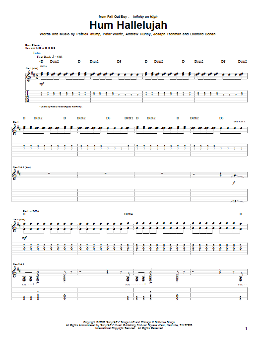 Fall Out Boy Hum Hallelujah sheet music notes and chords arranged for Guitar Tab