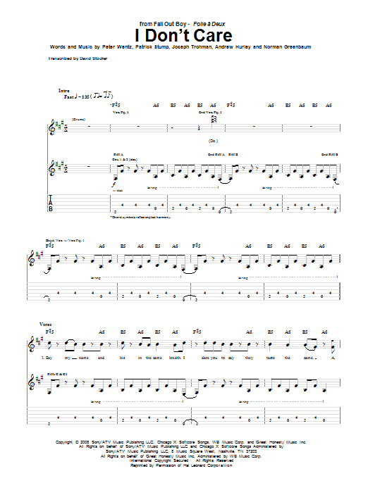 Fall Out Boy I Don't Care sheet music notes and chords arranged for Guitar Tab