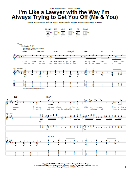 Fall Out Boy I'm Like A Lawyer With The Way I'm Always Trying To Get You Off (Me & You) sheet music notes and chords arranged for Guitar Chords/Lyrics