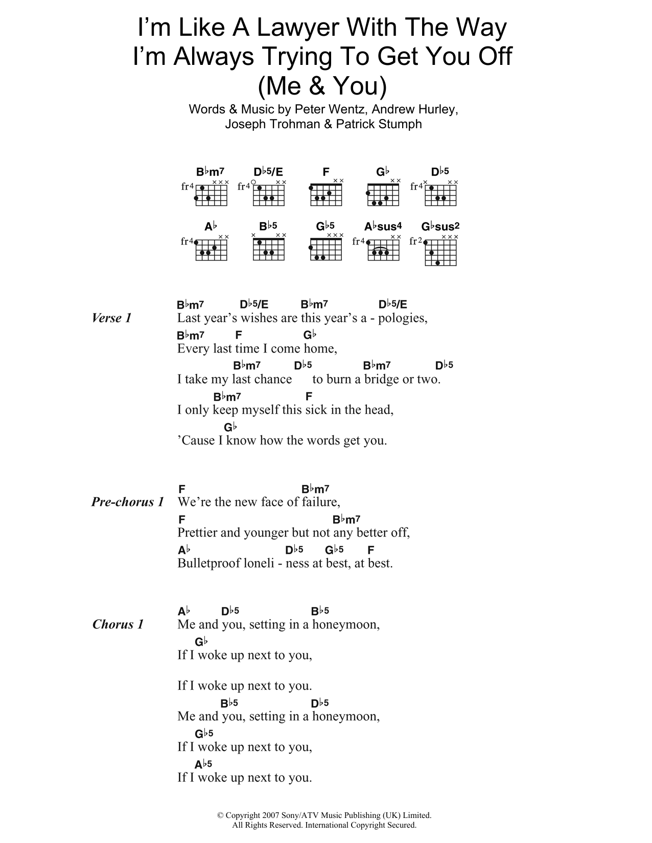 Fall Out Boy I'm Like A Lawyer With The Way I'm Always Trying To Get You Off (Me and You) sheet music notes and chords arranged for Guitar Chords/Lyrics