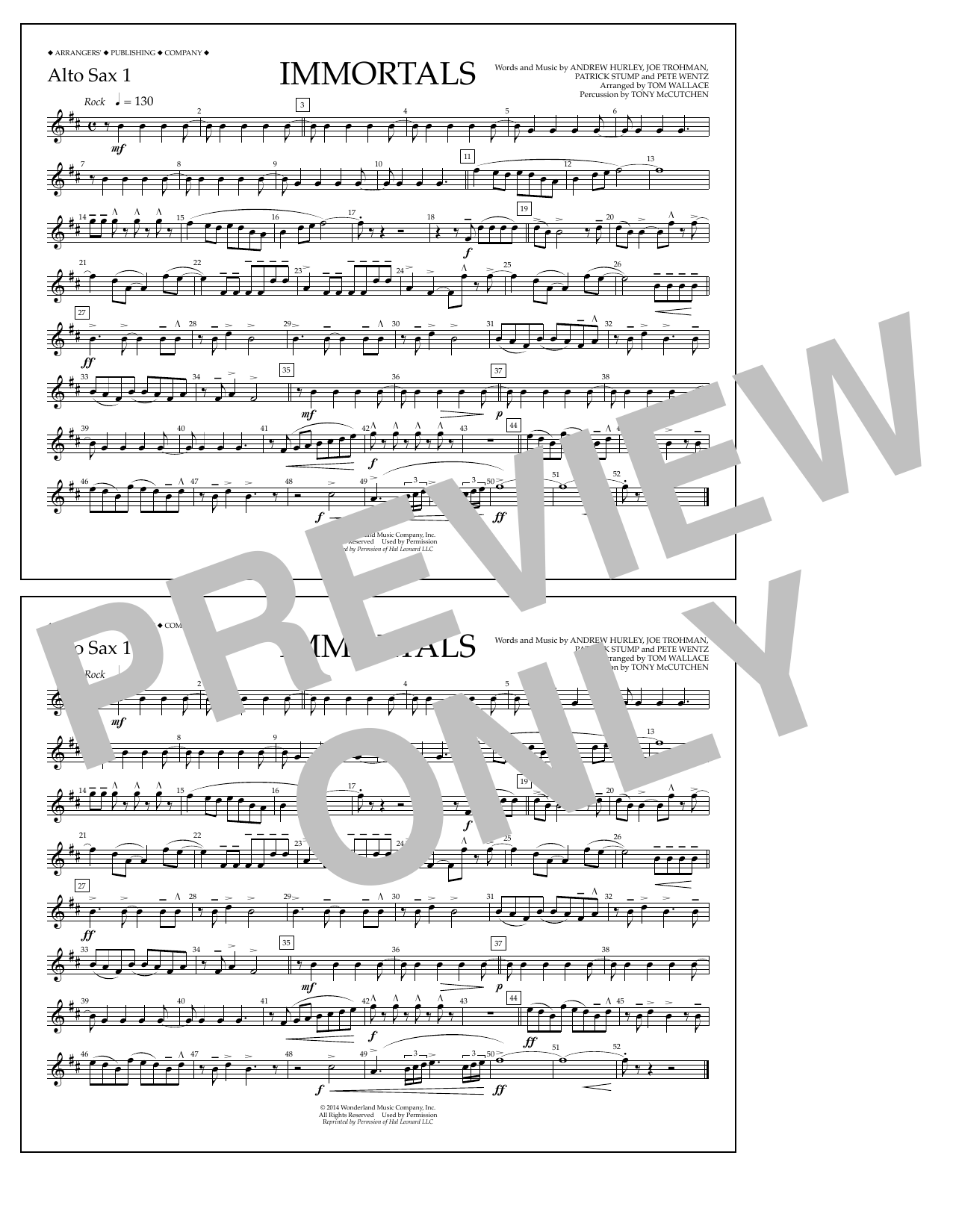 Fall Out Boy Immortals (from Big Hero 6) (arr. Tom Wallace) - Alto Sax 1 sheet music notes and chords arranged for Marching Band