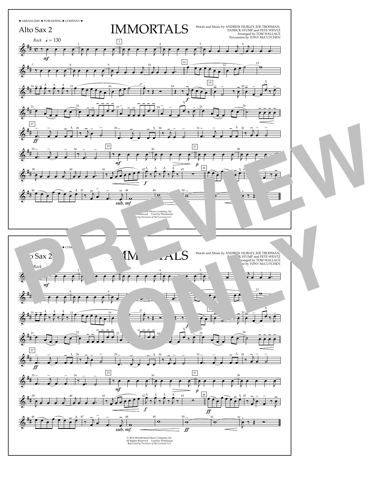 Fall Out Boy Immortals (from Big Hero 6) (arr. Tom Wallace) - Alto Sax 2 sheet music notes and chords arranged for Marching Band