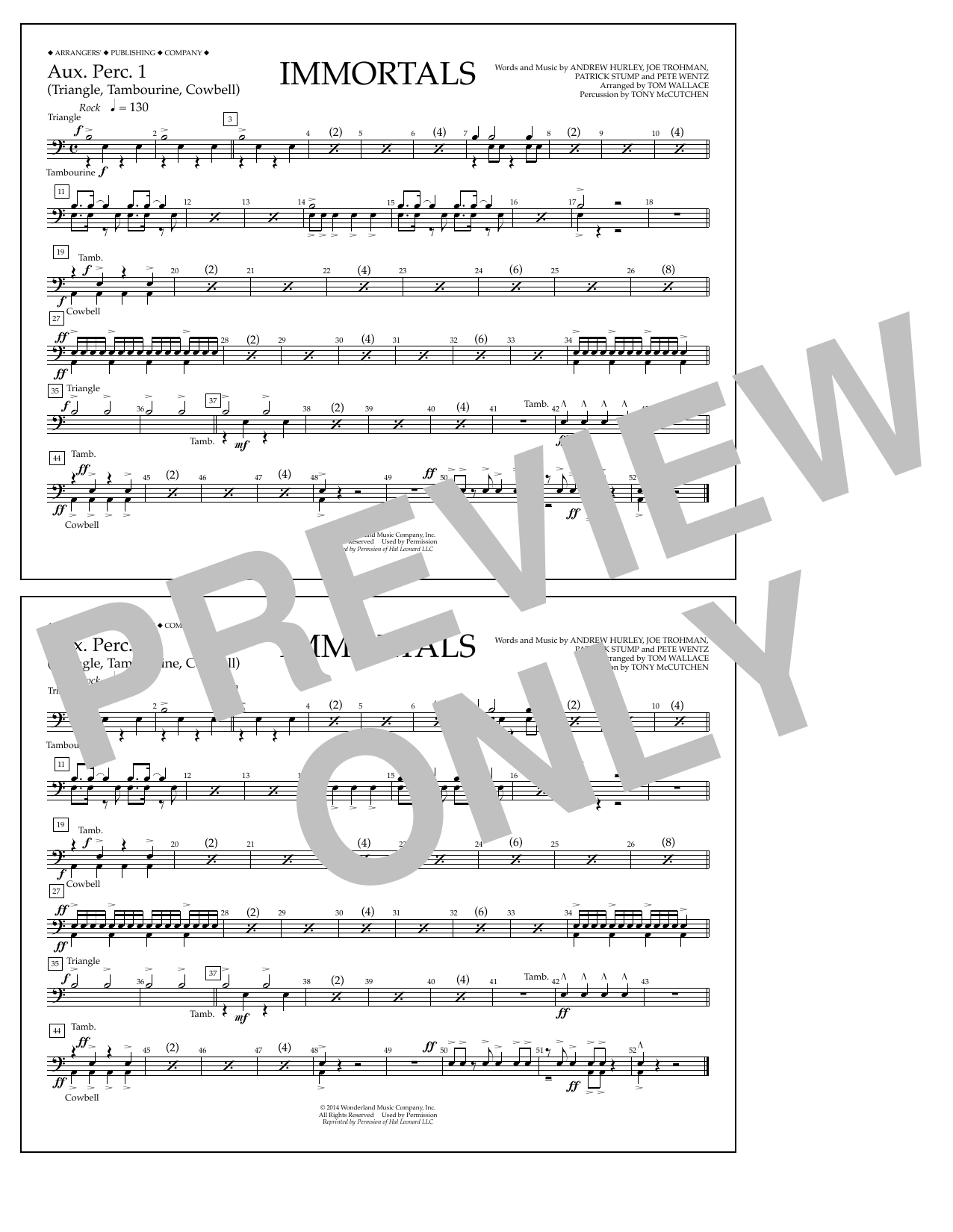 Fall Out Boy Immortals (from Big Hero 6) (arr. Tom Wallace) - Aux. Perc. 1 sheet music notes and chords arranged for Marching Band