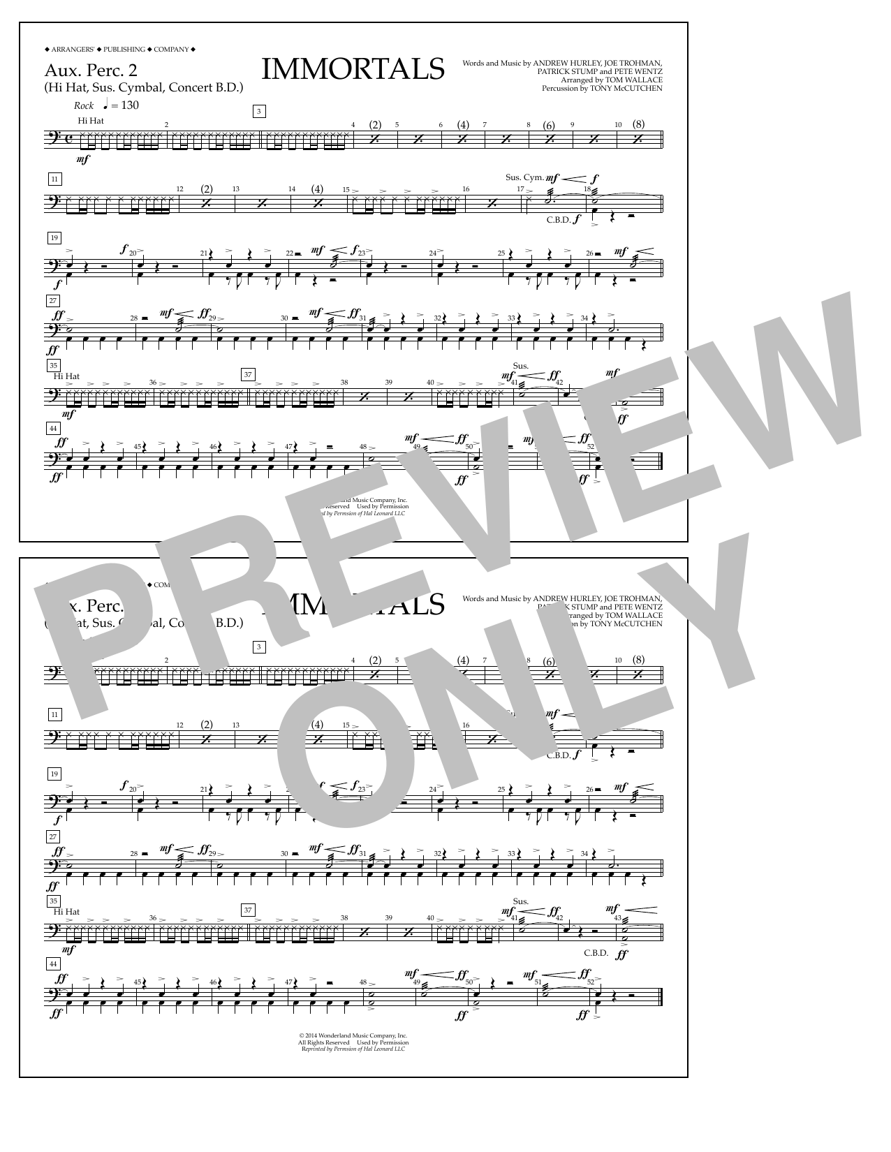 Fall Out Boy Immortals (from Big Hero 6) (arr. Tom Wallace) - Aux. Perc. 2 sheet music notes and chords arranged for Marching Band