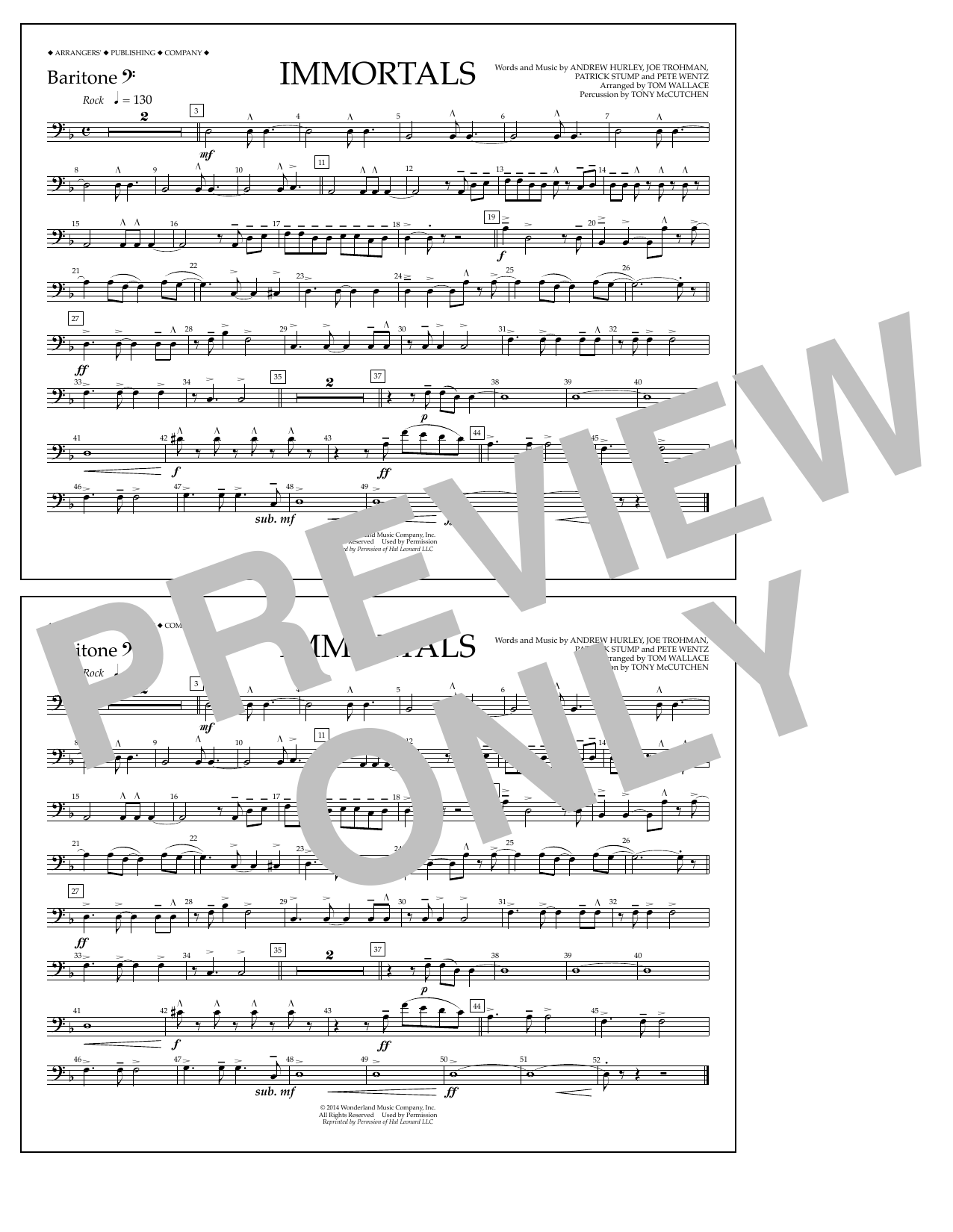 Fall Out Boy Immortals (from Big Hero 6) (arr. Tom Wallace) - Baritone B.C. sheet music notes and chords arranged for Marching Band