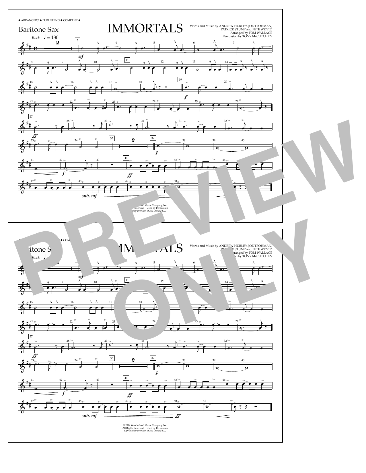 Fall Out Boy Immortals (from Big Hero 6) (arr. Tom Wallace) - Baritone Sax sheet music notes and chords arranged for Marching Band