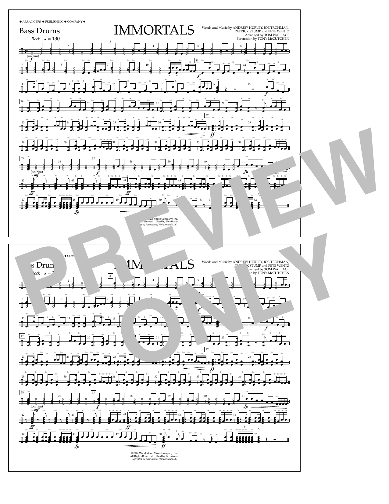 Fall Out Boy Immortals (from Big Hero 6) (arr. Tom Wallace) - Bass Drums sheet music notes and chords arranged for Marching Band