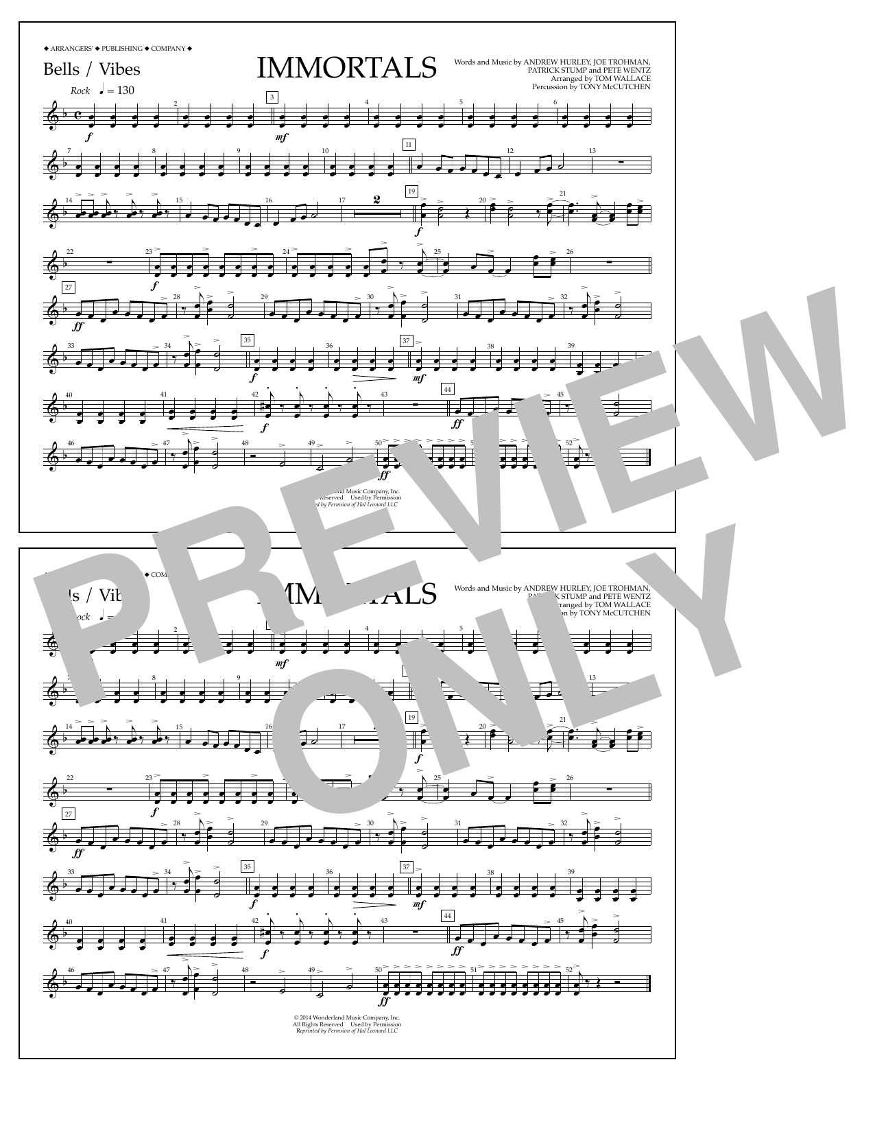 Fall Out Boy Immortals (from Big Hero 6) (arr. Tom Wallace) - Bells/Vibes sheet music notes and chords arranged for Marching Band