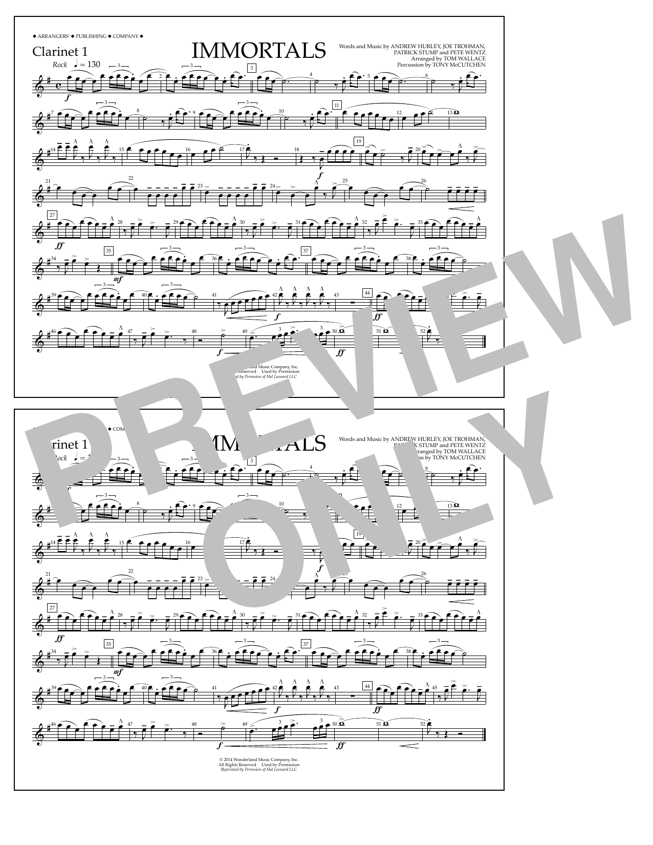 Fall Out Boy Immortals (from Big Hero 6) (arr. Tom Wallace) - Clarinet 1 sheet music notes and chords arranged for Marching Band