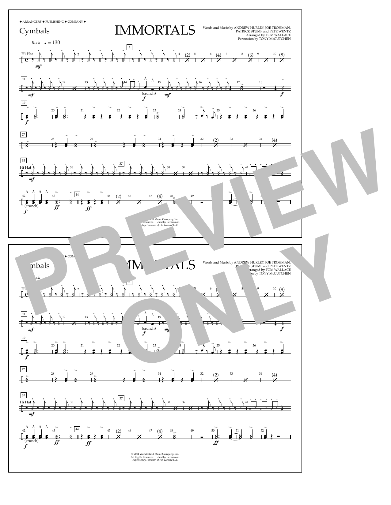 Fall Out Boy Immortals (from Big Hero 6) (arr. Tom Wallace) - Cymbals sheet music notes and chords arranged for Marching Band