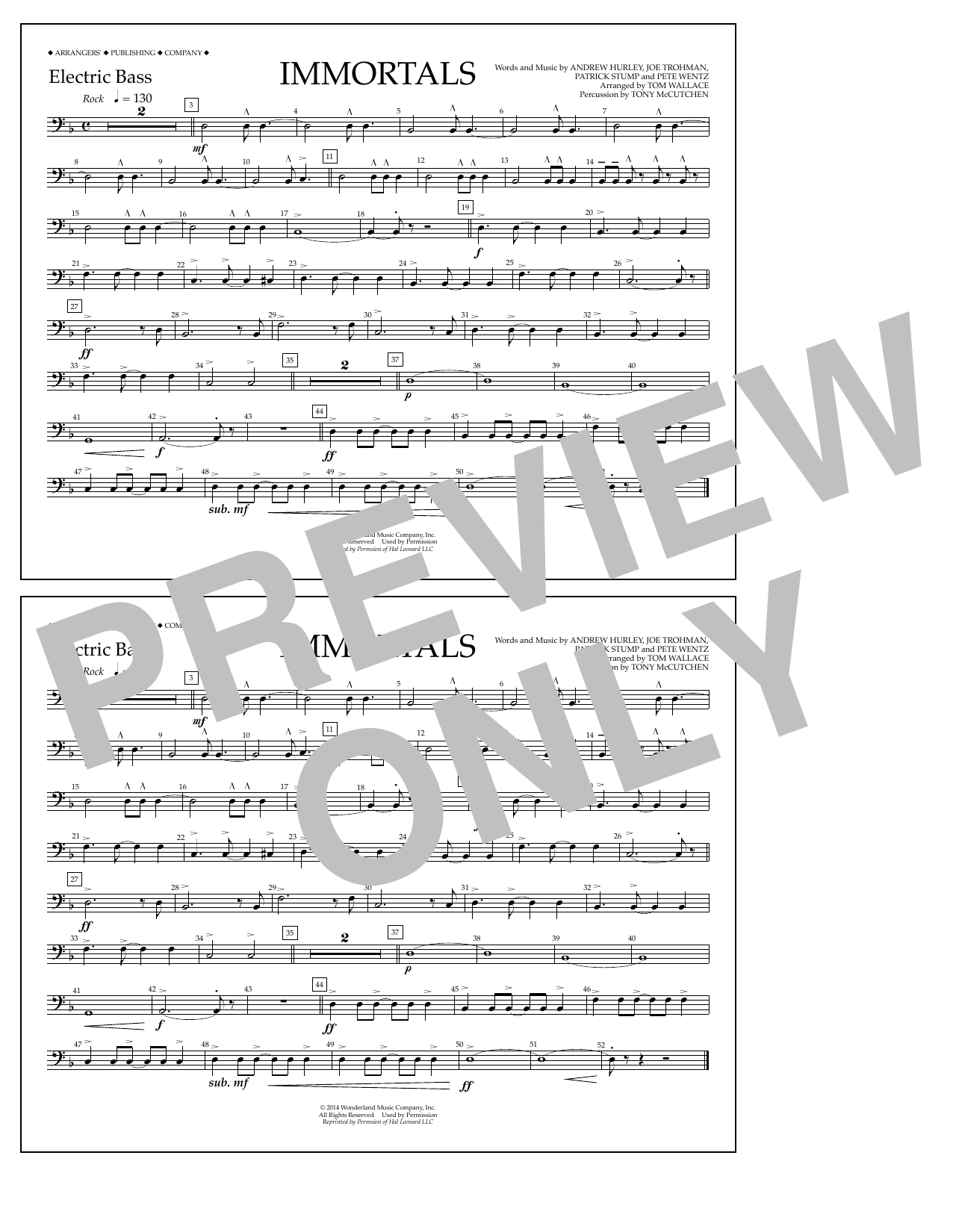 Fall Out Boy Immortals (from Big Hero 6) (arr. Tom Wallace) - Electric Bass sheet music notes and chords arranged for Marching Band