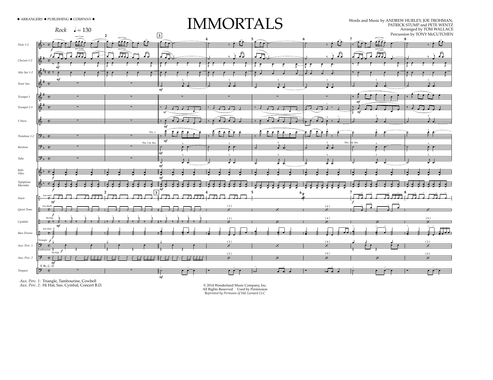 Fall Out Boy Immortals (from Big Hero 6) (arr. Tom Wallace) - Full Score sheet music notes and chords arranged for Marching Band