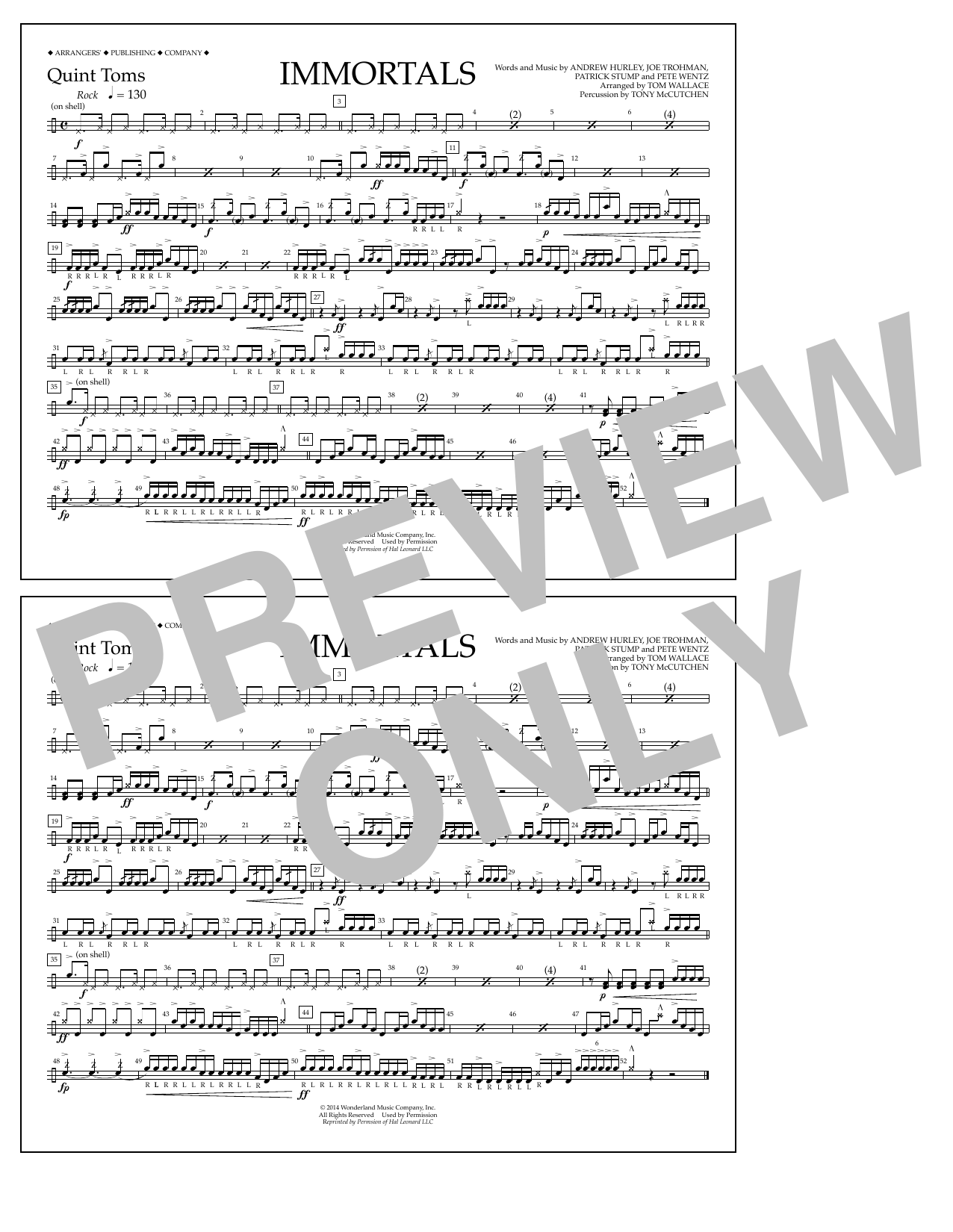 Fall Out Boy Immortals (from Big Hero 6) (arr. Tom Wallace) - Quint-Toms sheet music notes and chords arranged for Marching Band