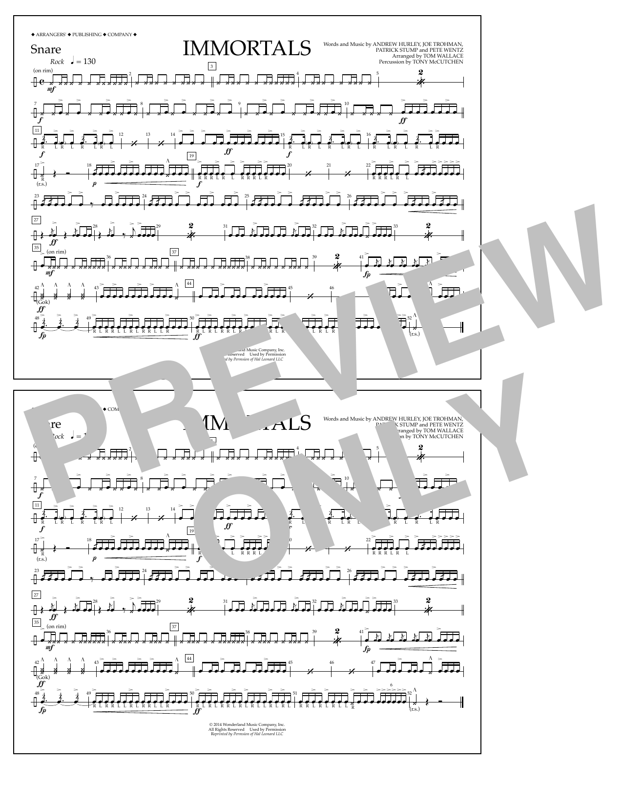 Fall Out Boy Immortals (from Big Hero 6) (arr. Tom Wallace) - Snare sheet music notes and chords arranged for Marching Band