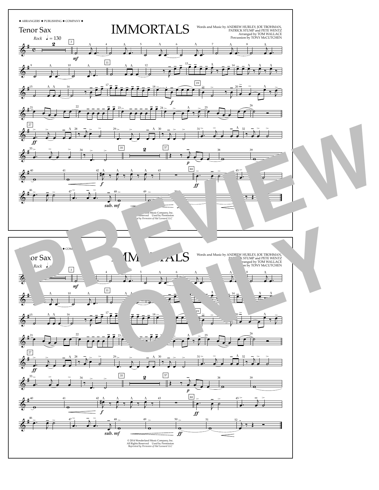 Fall Out Boy Immortals (from Big Hero 6) (arr. Tom Wallace) - Tenor Sax sheet music notes and chords arranged for Marching Band