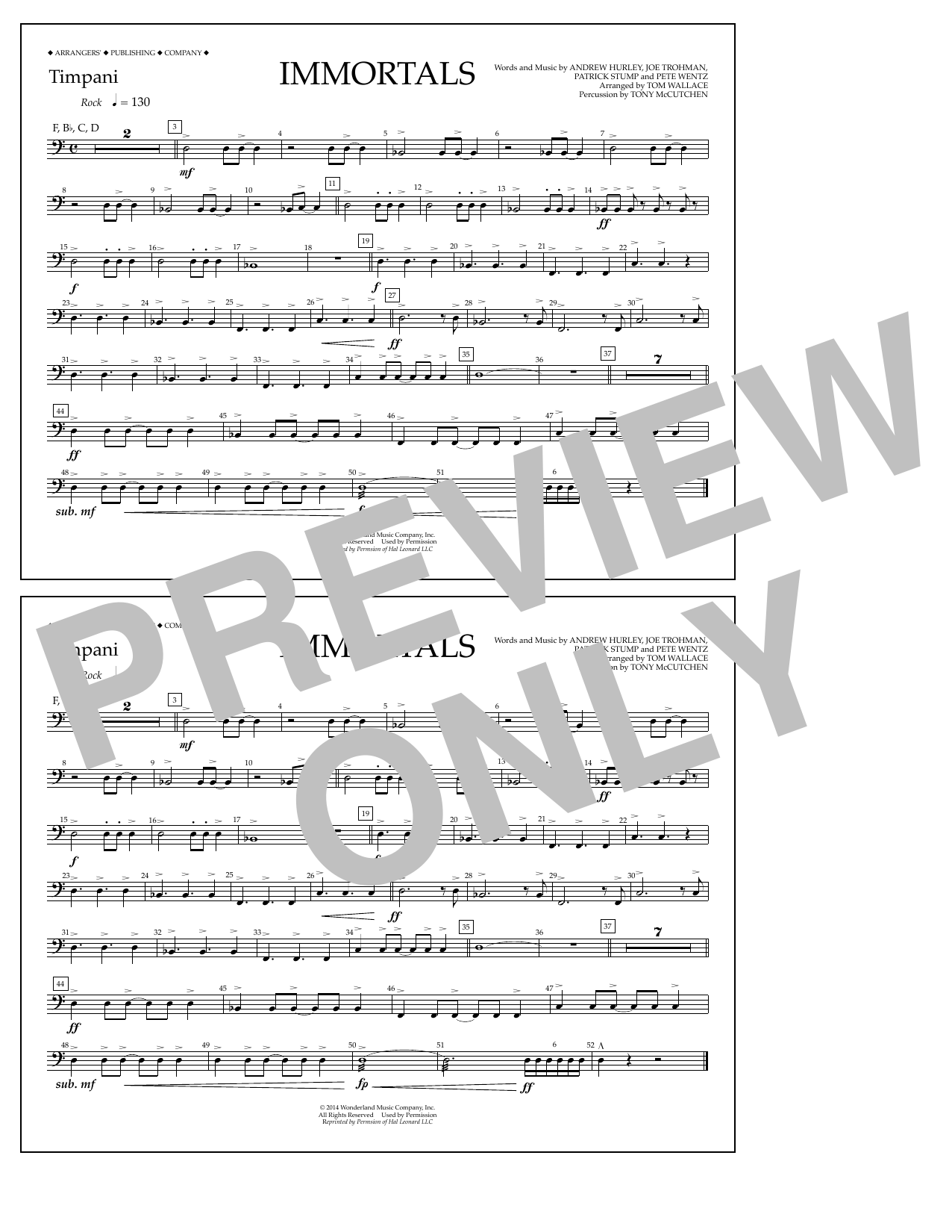 Fall Out Boy Immortals (from Big Hero 6) (arr. Tom Wallace) - Timpani sheet music notes and chords arranged for Marching Band