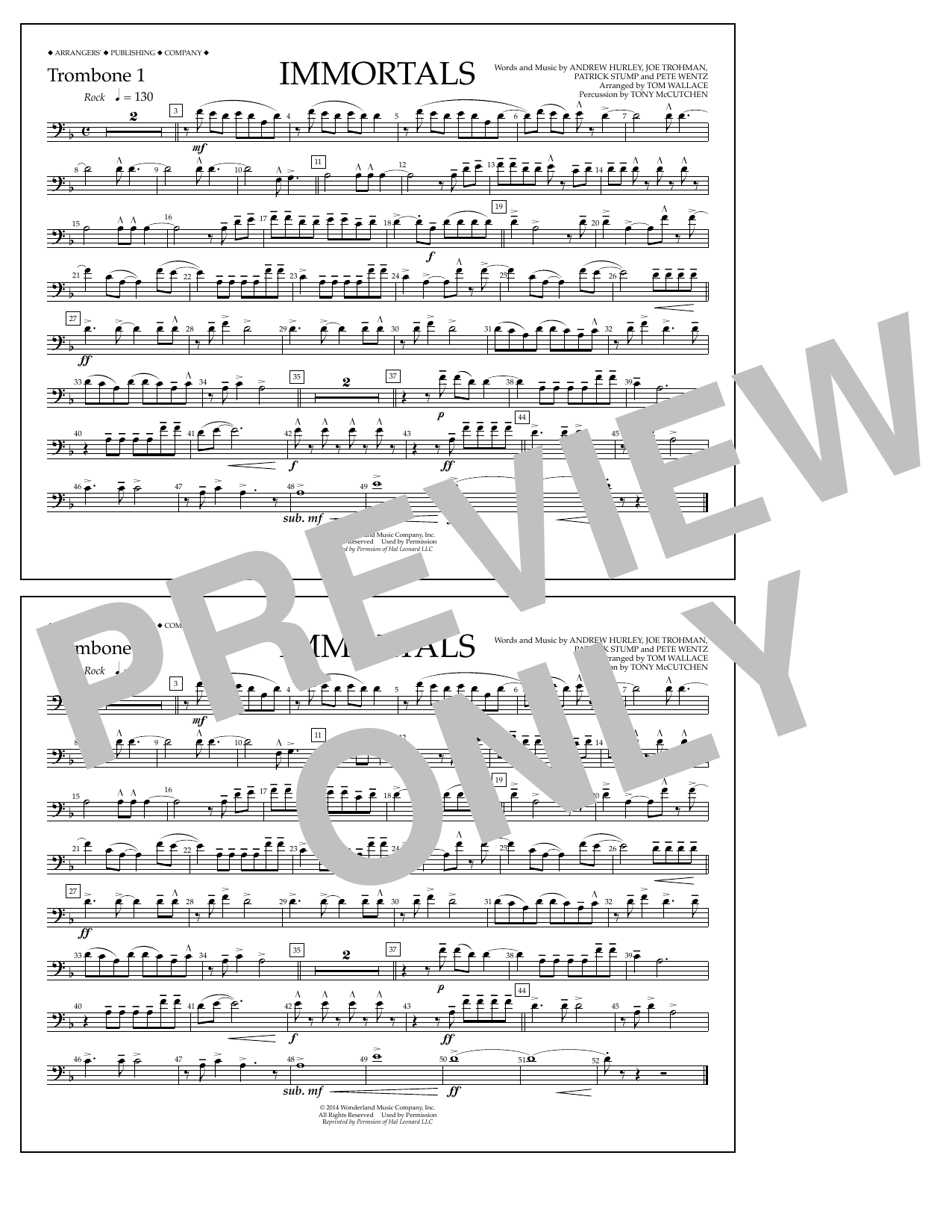 Fall Out Boy Immortals (from Big Hero 6) (arr. Tom Wallace) - Trombone 1 sheet music notes and chords arranged for Marching Band