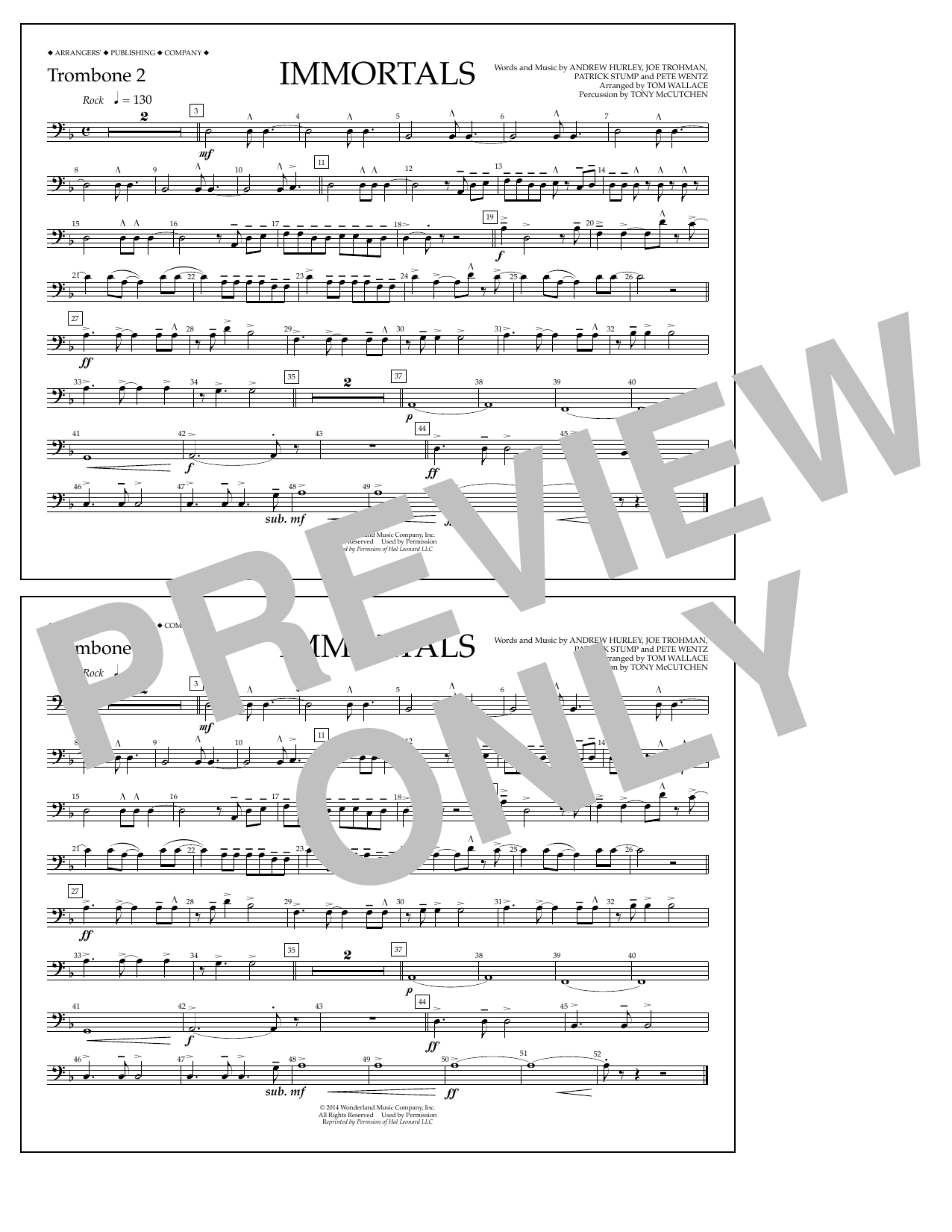 Fall Out Boy Immortals (from Big Hero 6) (arr. Tom Wallace) - Trombone 2 sheet music notes and chords arranged for Marching Band