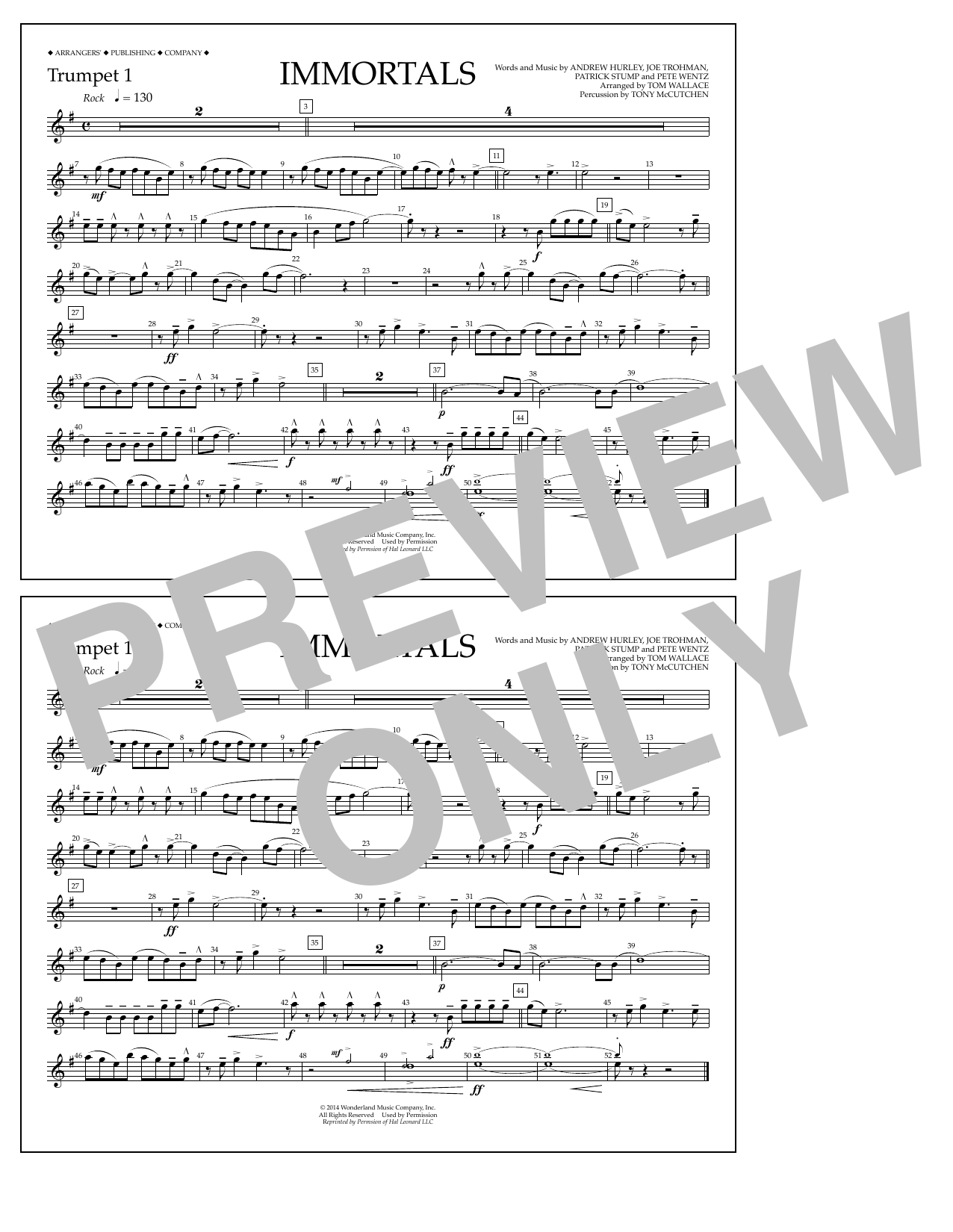 Fall Out Boy Immortals (from Big Hero 6) (arr. Tom Wallace) - Trumpet 1 sheet music notes and chords arranged for Marching Band